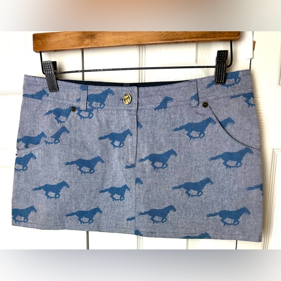 Rare JENNY HELLSTRÖM Berta Mini Skirt Blue Chambray Denim Horse Pattern Designer - Picture 9 of 10